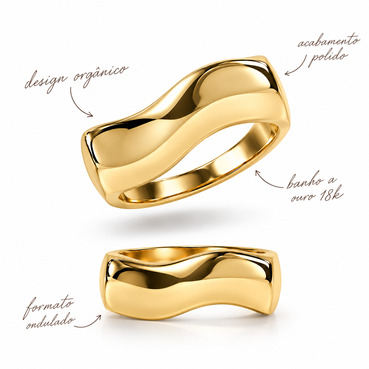 Anel Orgânico Liso Banhado a Ouro 18k